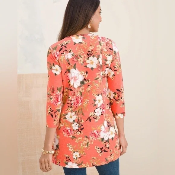 Chico’s Women’s Cotton-Blend Slub Floral-Print Tee Coral Size 1 (Medium) - Picture 7 of 9